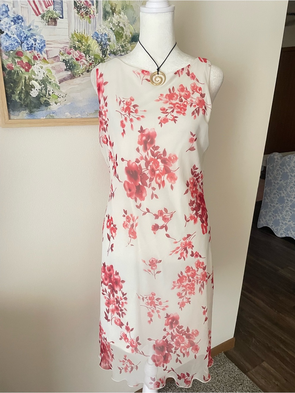 La Belle Vintage 90s Whimsical Red Floral Chiffon Midi Dress Ivory Juniors 7